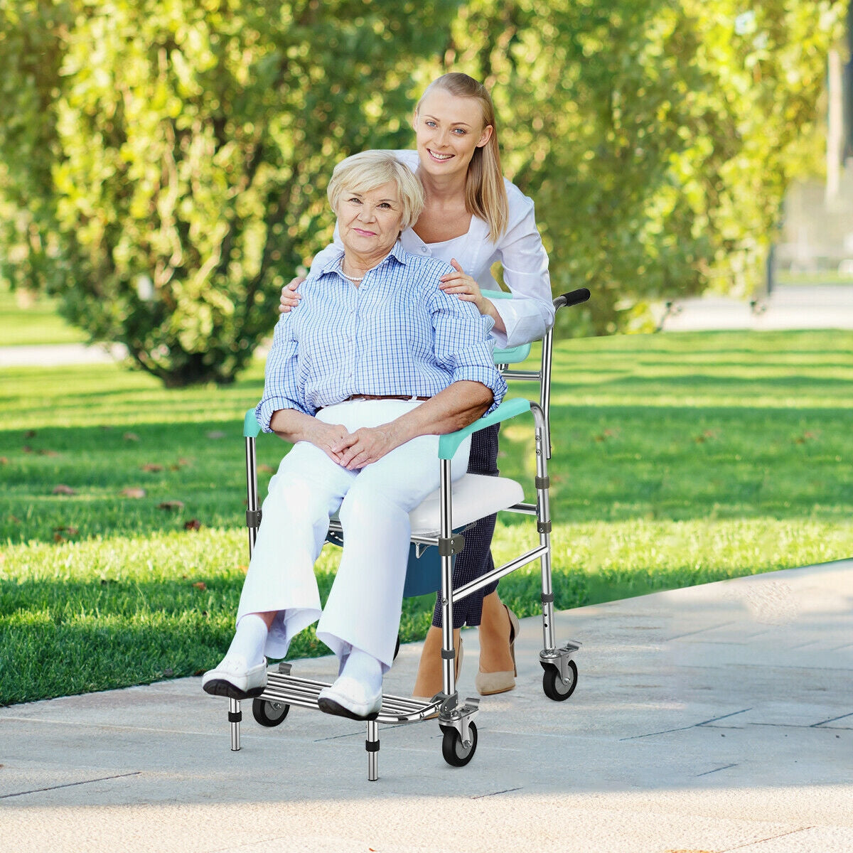 Aluminum Medical Transport Commode Wheelchair Shower Chair-Turquoise 