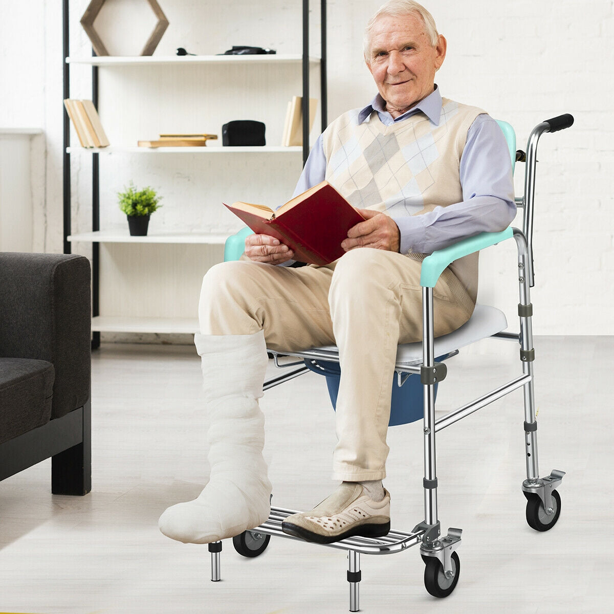 Aluminum Medical Transport Commode Wheelchair Shower Chair-Turquoise