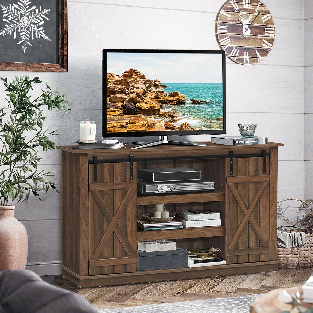 Sliding Barn TV Stand Console Table-Brown