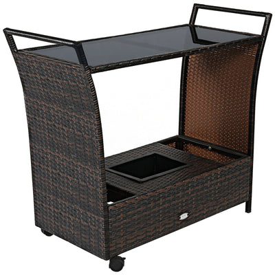 Patio Rattan Bar Serving Cart with Glass Top and HandleÂ 