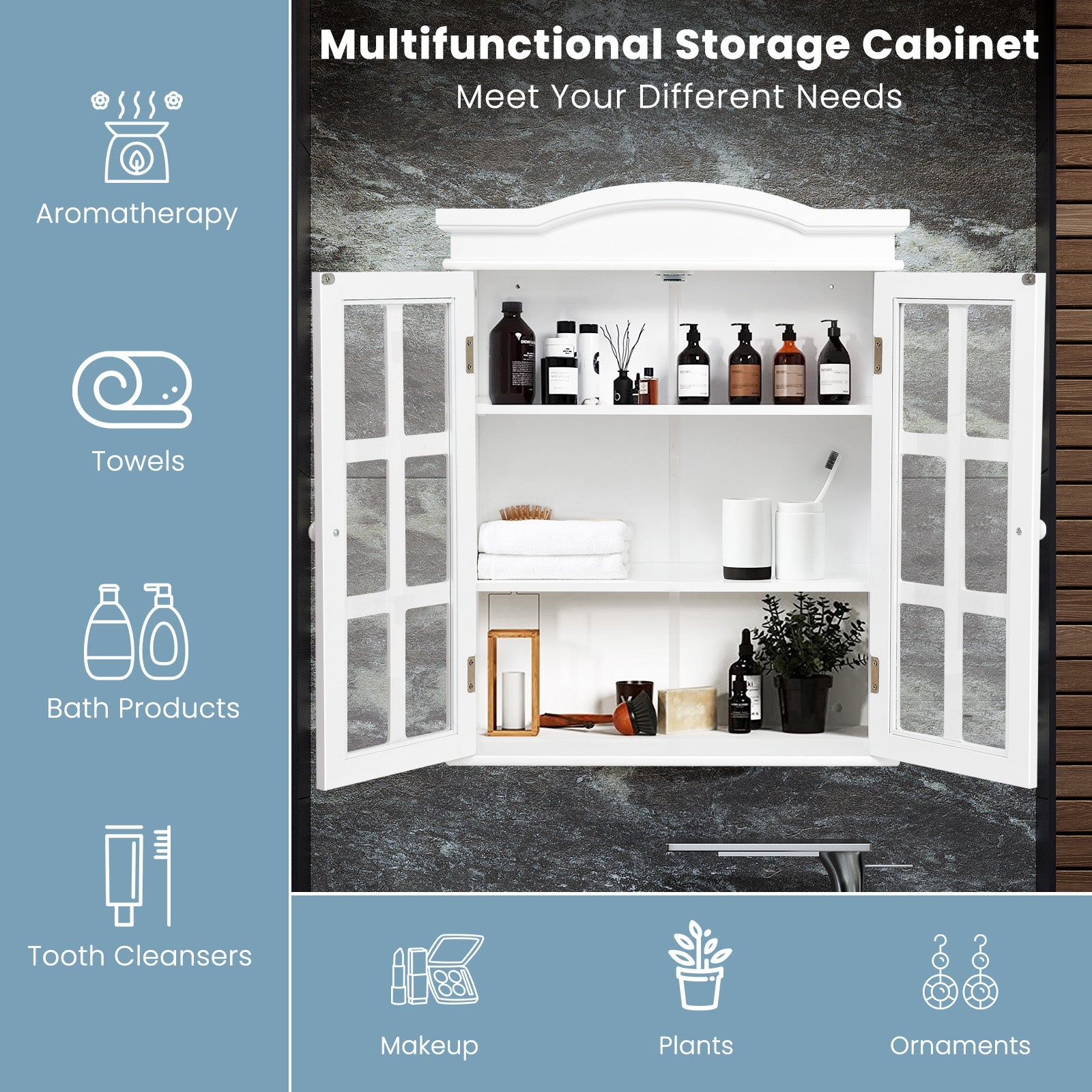 Wall-Mount Bathroom Double Doors Shelved Storage CabinetÂ 