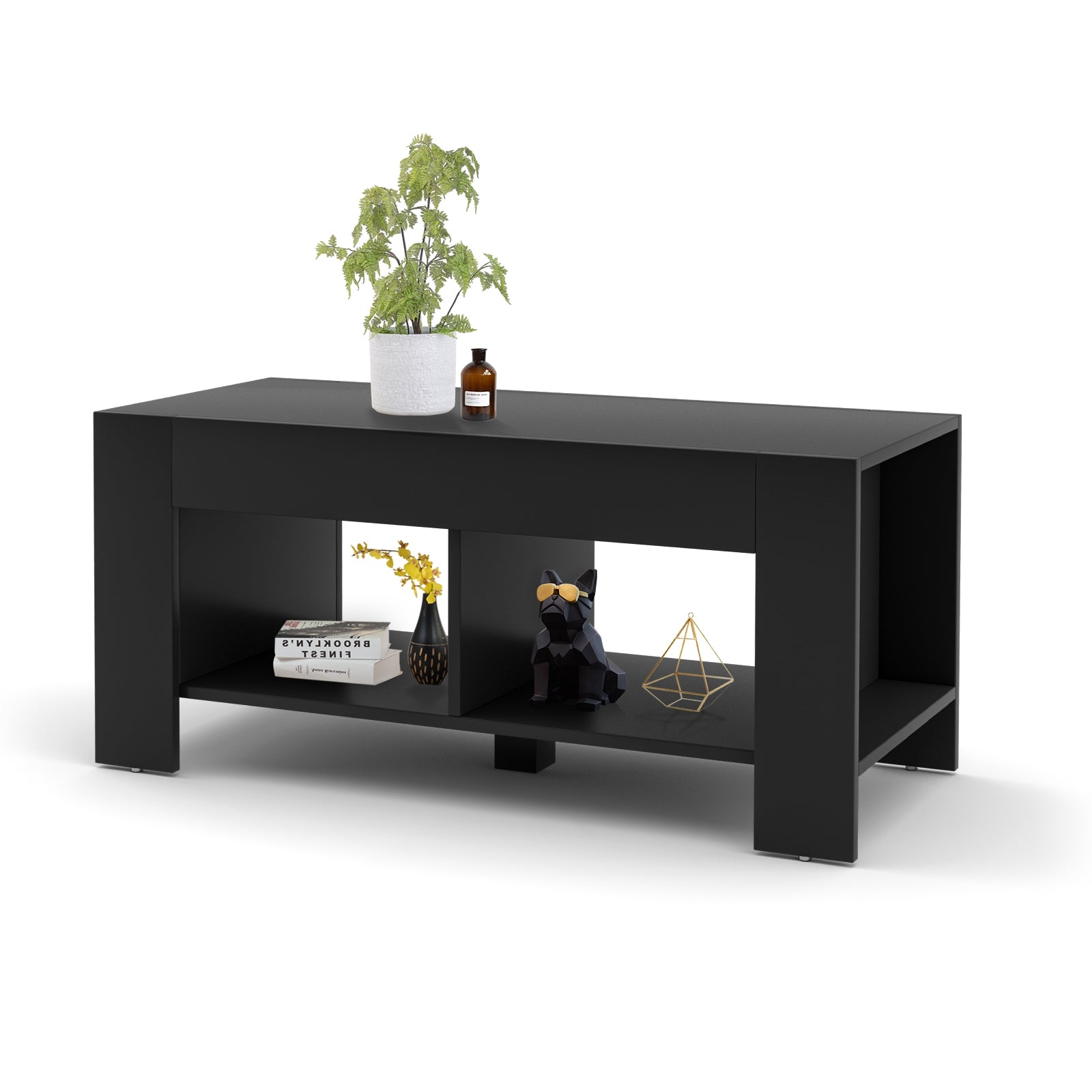 2-tier Wood Coffee Table Sofa Side Table with Storage Shelf-Black