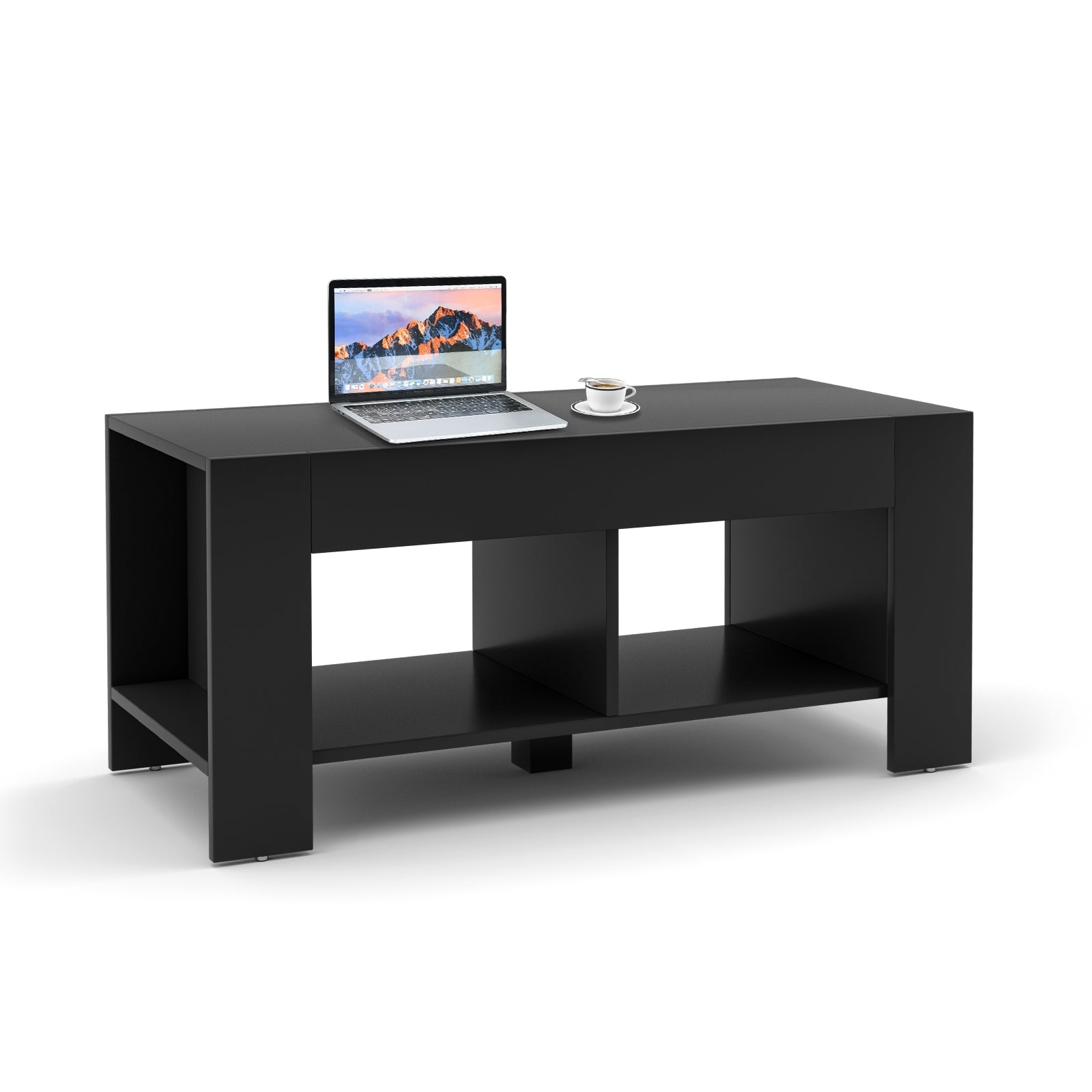 2-tier Wood Coffee Table Sofa Side Table with Storage Shelf-Black