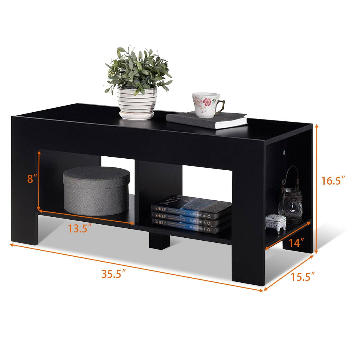 2-tier Wood Coffee Table Sofa Side Table with Storage Shelf-Black