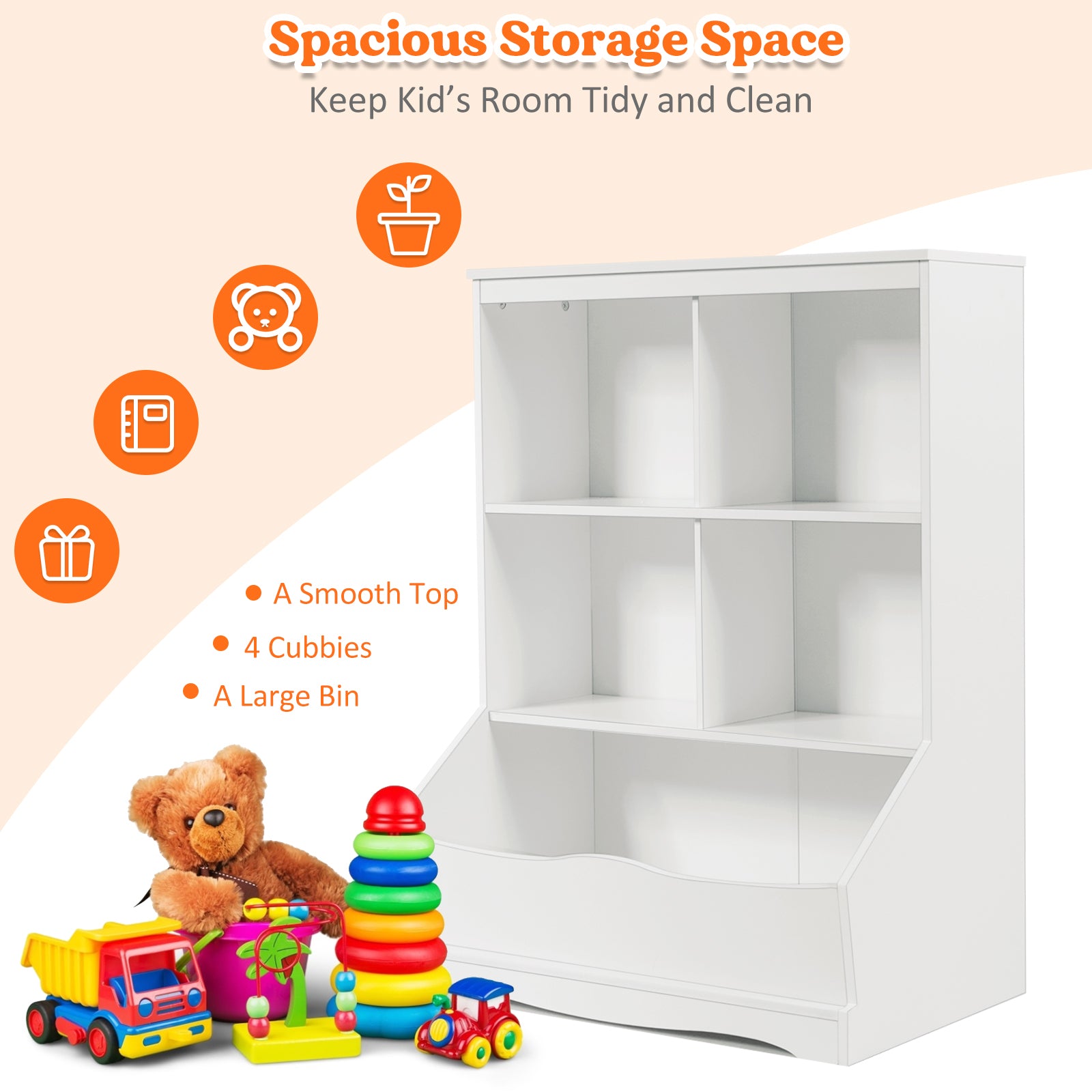 3-Tier Children's Multi-Functional Bookcase Toy Storage Bin Floor Cabinet-White