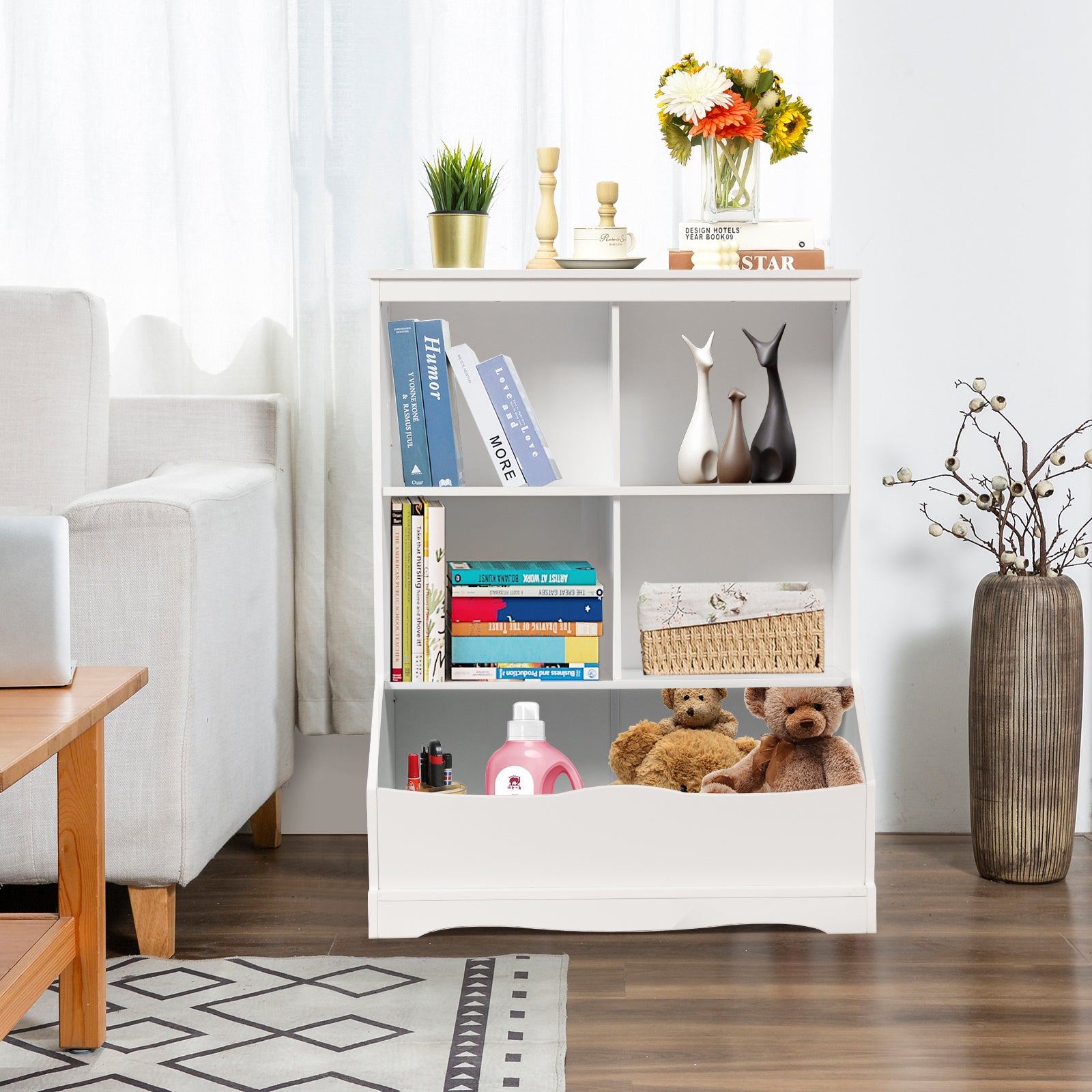 3-Tier Children's Multi-Functional Bookcase Toy Storage Bin Floor Cabinet-White