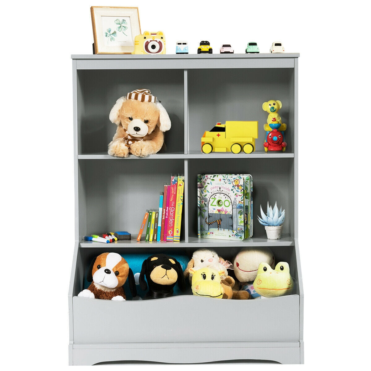 3-Tier Children's Multi-Functional Bookcase Toy Storage Bin Floor Cabinet-Gray