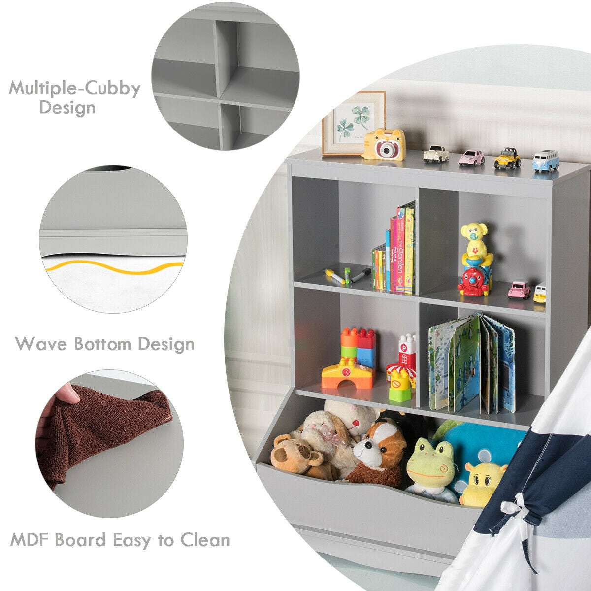 3-Tier Children's Multi-Functional Bookcase Toy Storage Bin Floor Cabinet-Gray