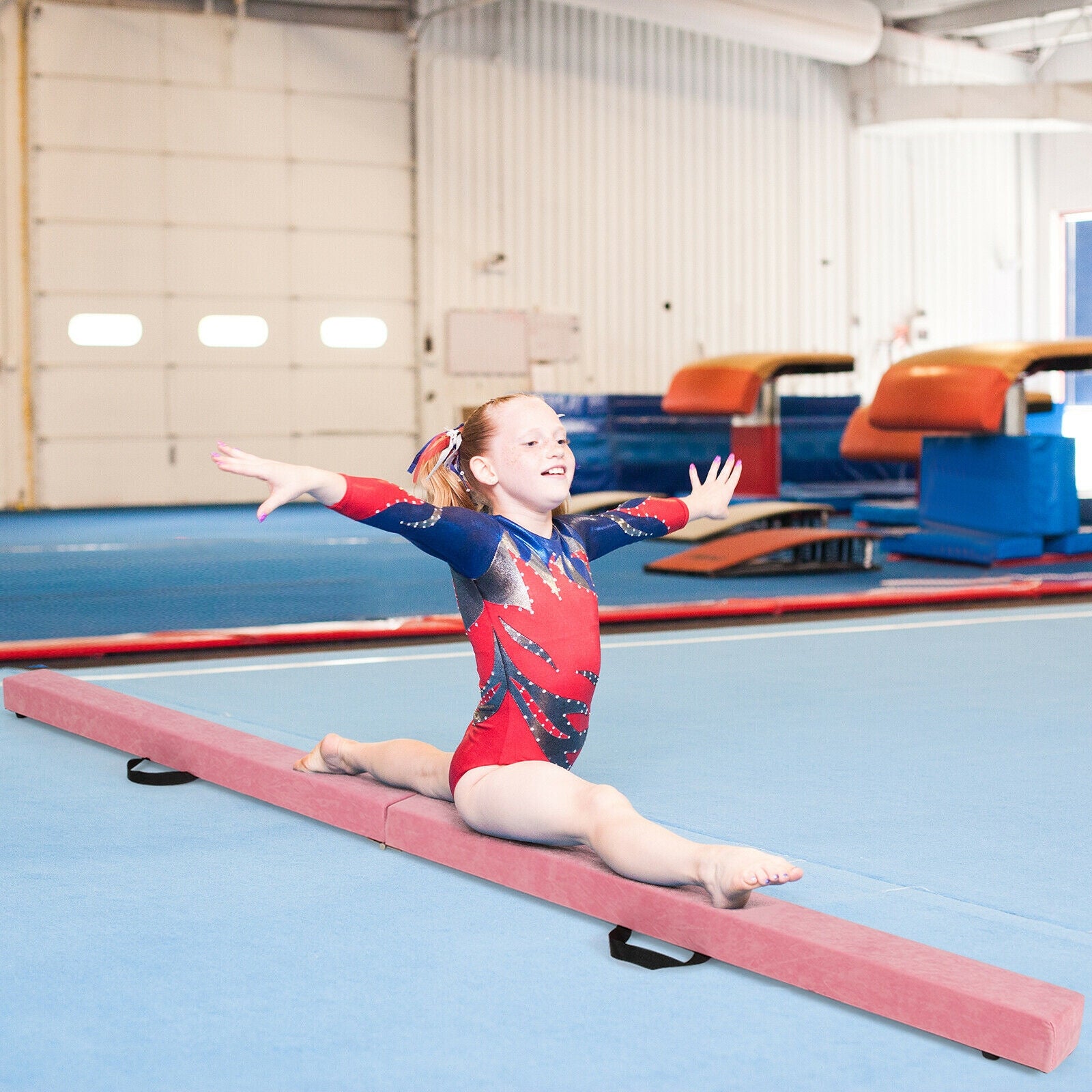 7 Feet Folding Portable Floor Balance Beam with Handles for Gymnasts-Pink 