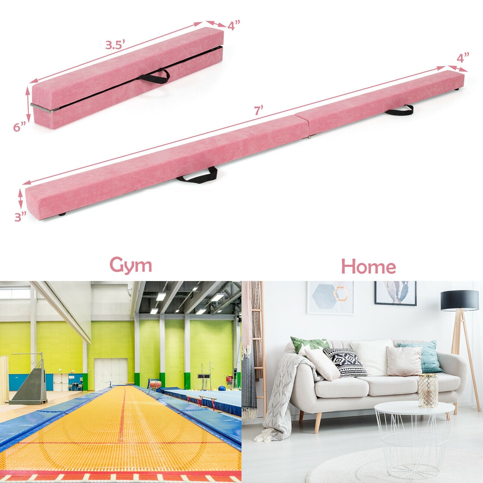 7 Feet Folding Portable Floor Balance Beam with Handles for Gymnasts-Pink 