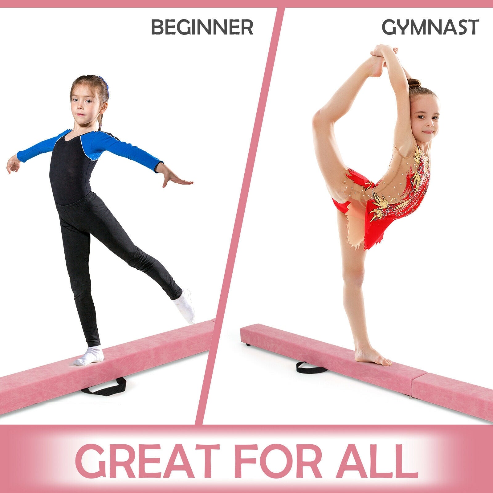 7 Feet Folding Portable Floor Balance Beam with Handles for Gymnasts-Pink 