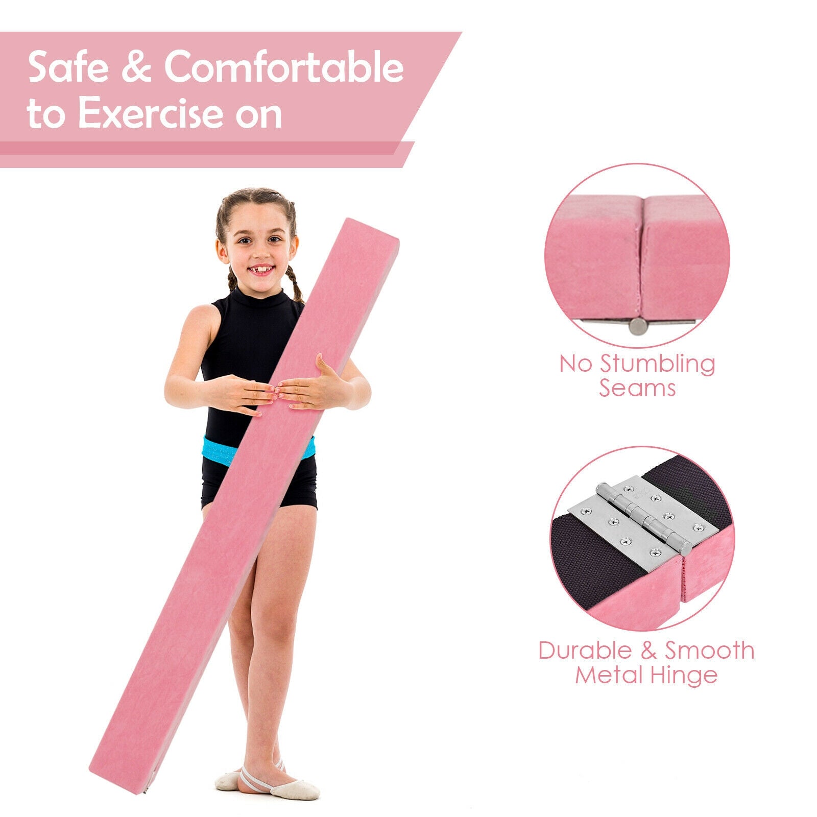 7 Feet Folding Portable Floor Balance Beam with Handles for Gymnasts-Pink 