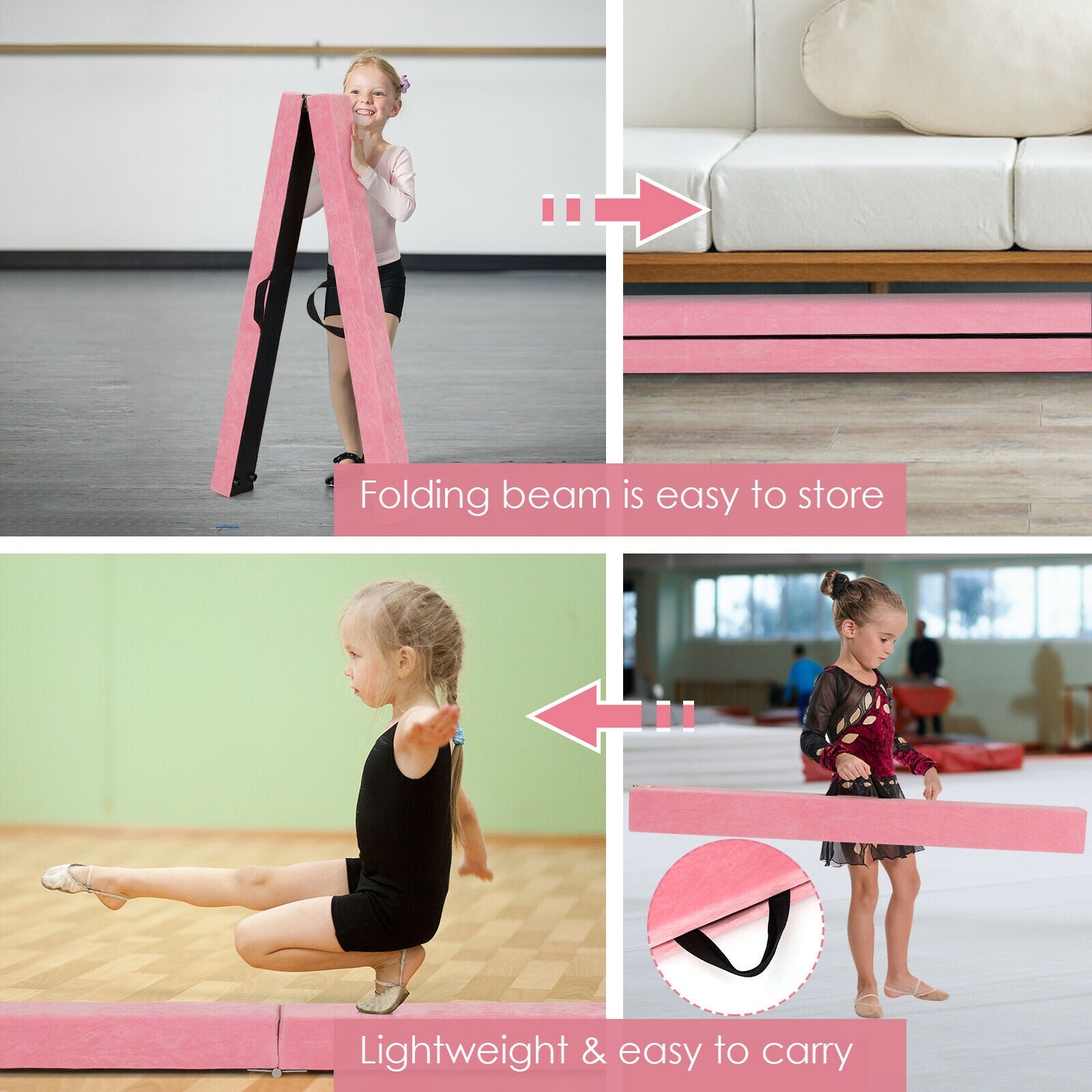 7 Feet Folding Portable Floor Balance Beam with Handles for Gymnasts-Pink