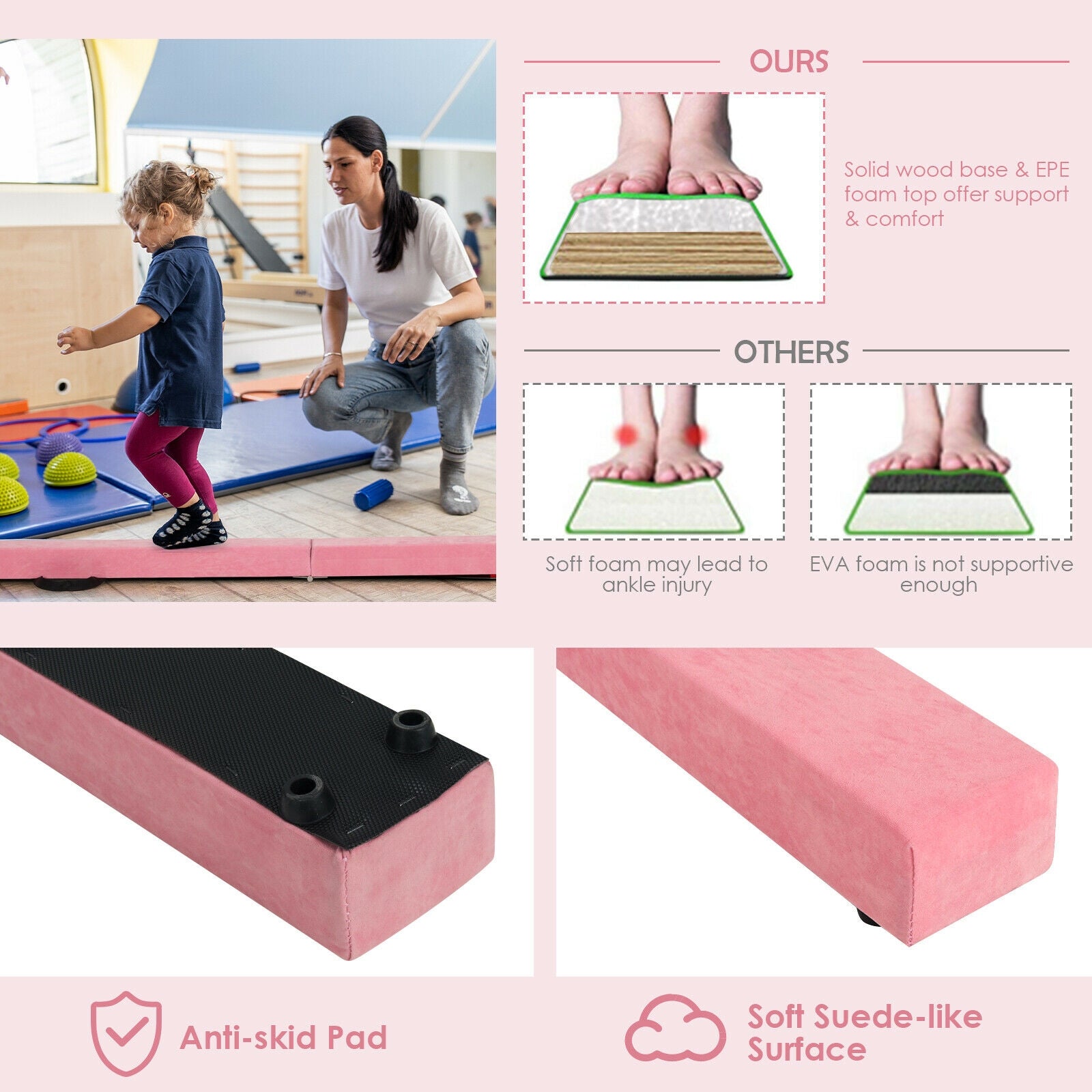 7 Feet Folding Portable Floor Balance Beam with Handles for Gymnasts-Pink 