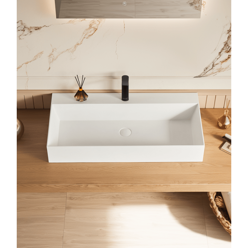 30" x 18" Solid Surface Wall Mount Rec Matte White Vel Sink with Faucet Hole 