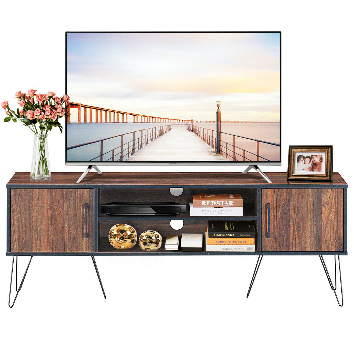 Retro Modern TV Stand with 6 Metal Legs for TVs up to 65 Inch with 2 Cable Holes