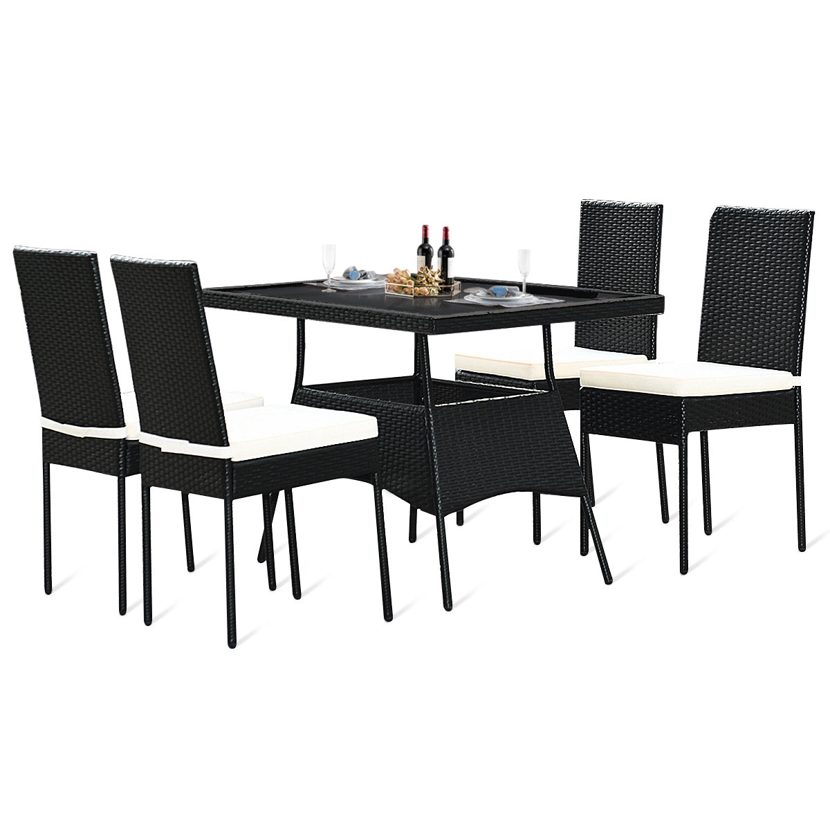 5 Pieces Outdaoor Patio Rattan Dining Set with Glass Top with CushionsÂ 