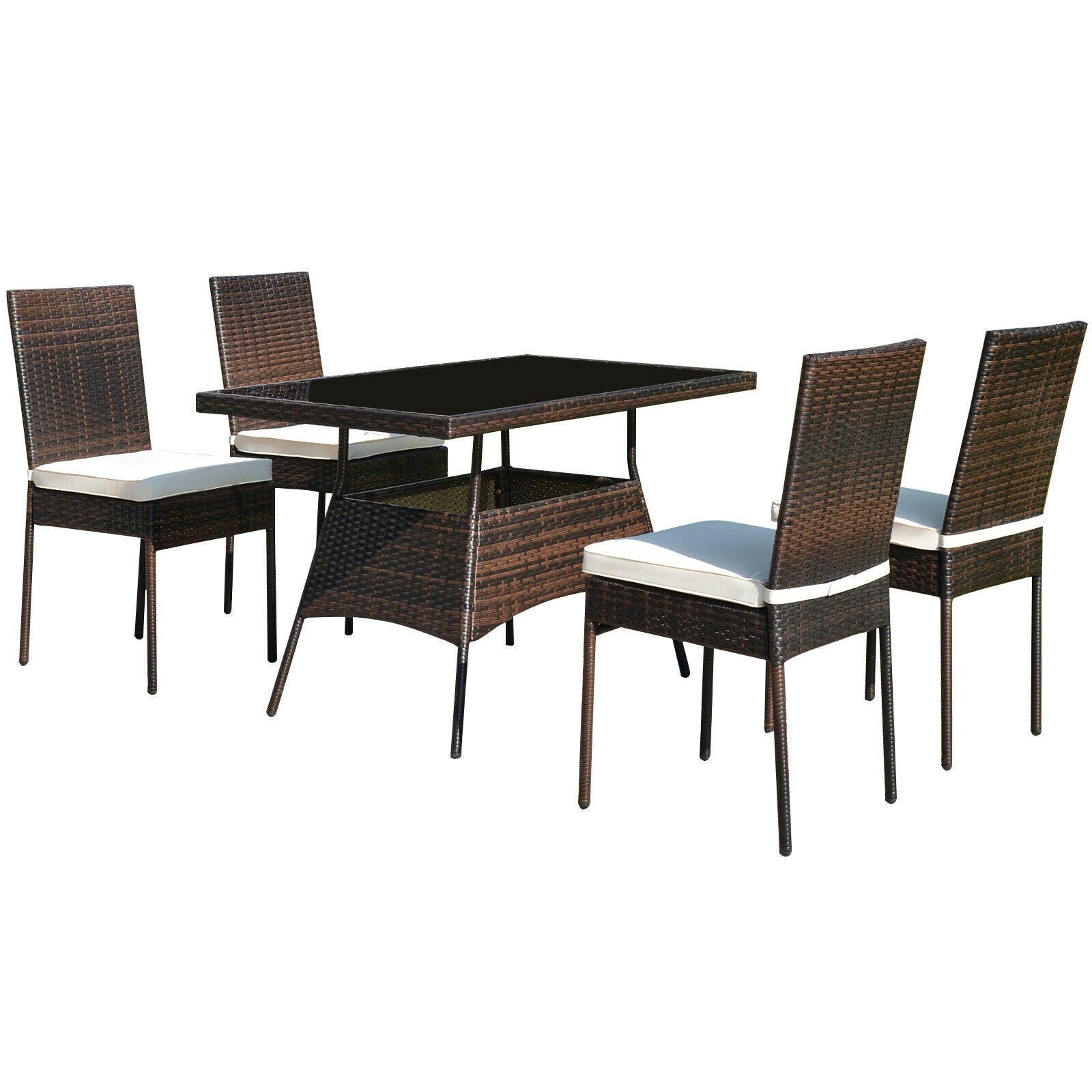 5 Pcs Rattan Dining Set Glass Table High Back Chair