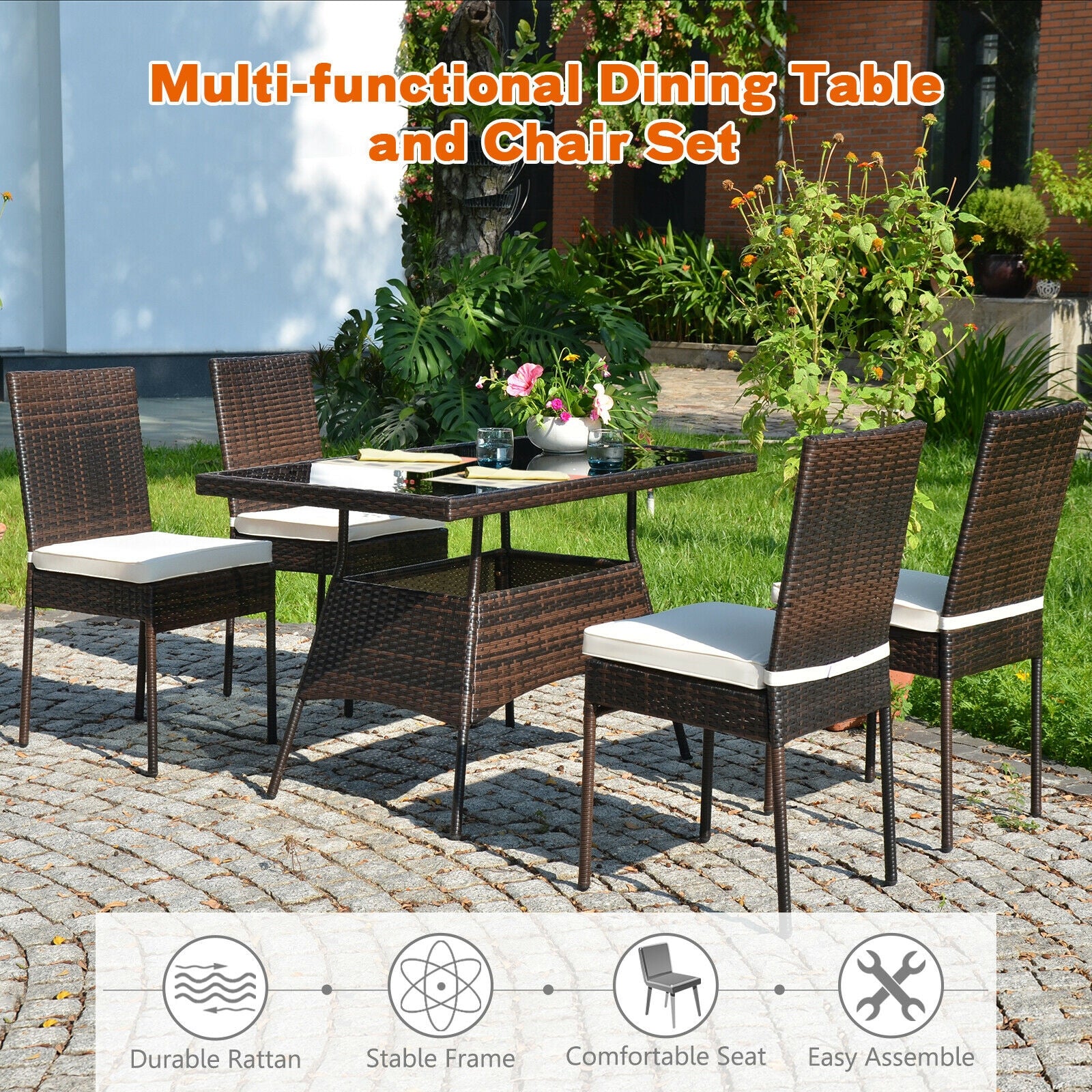 5 Pcs Rattan Dining Set Glass Table High Back Chair