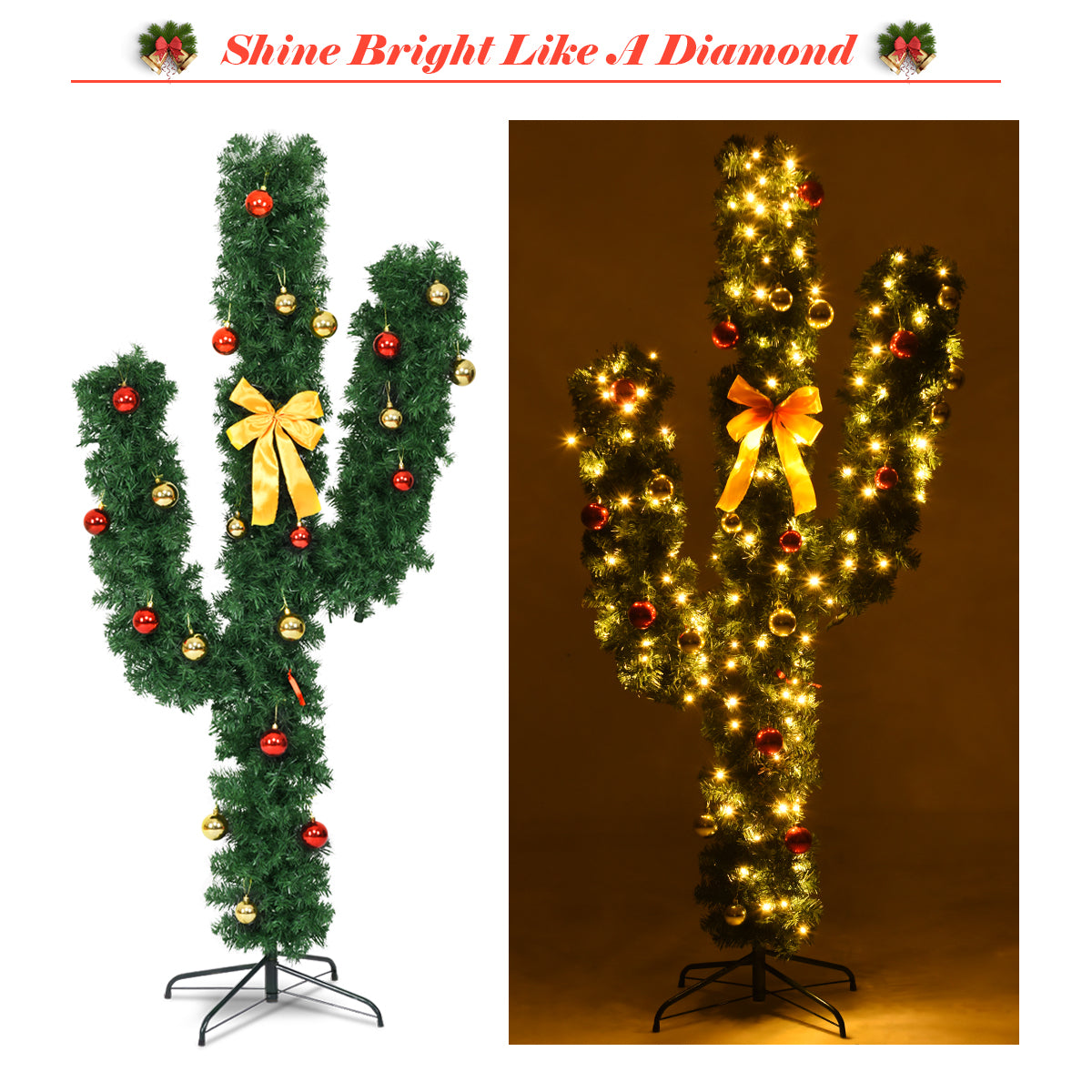 7 Feet Artificial Cactus PVC Christmas Tree with LED Lights and Ball Ornaments-7 ft