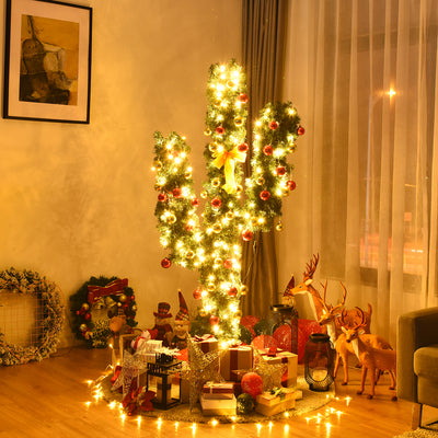 5 Feet Artificial Cactus PVC Christmas Tree with LED Lights and Ball Ornaments-5 ftÂ 