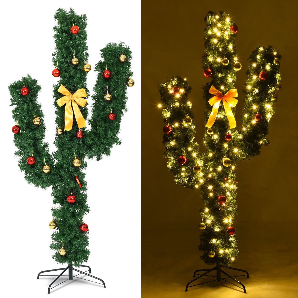 6 Feet Artificial Cactus PVC Christmas Tree with LED Lights and Ball Ornaments-6 ft