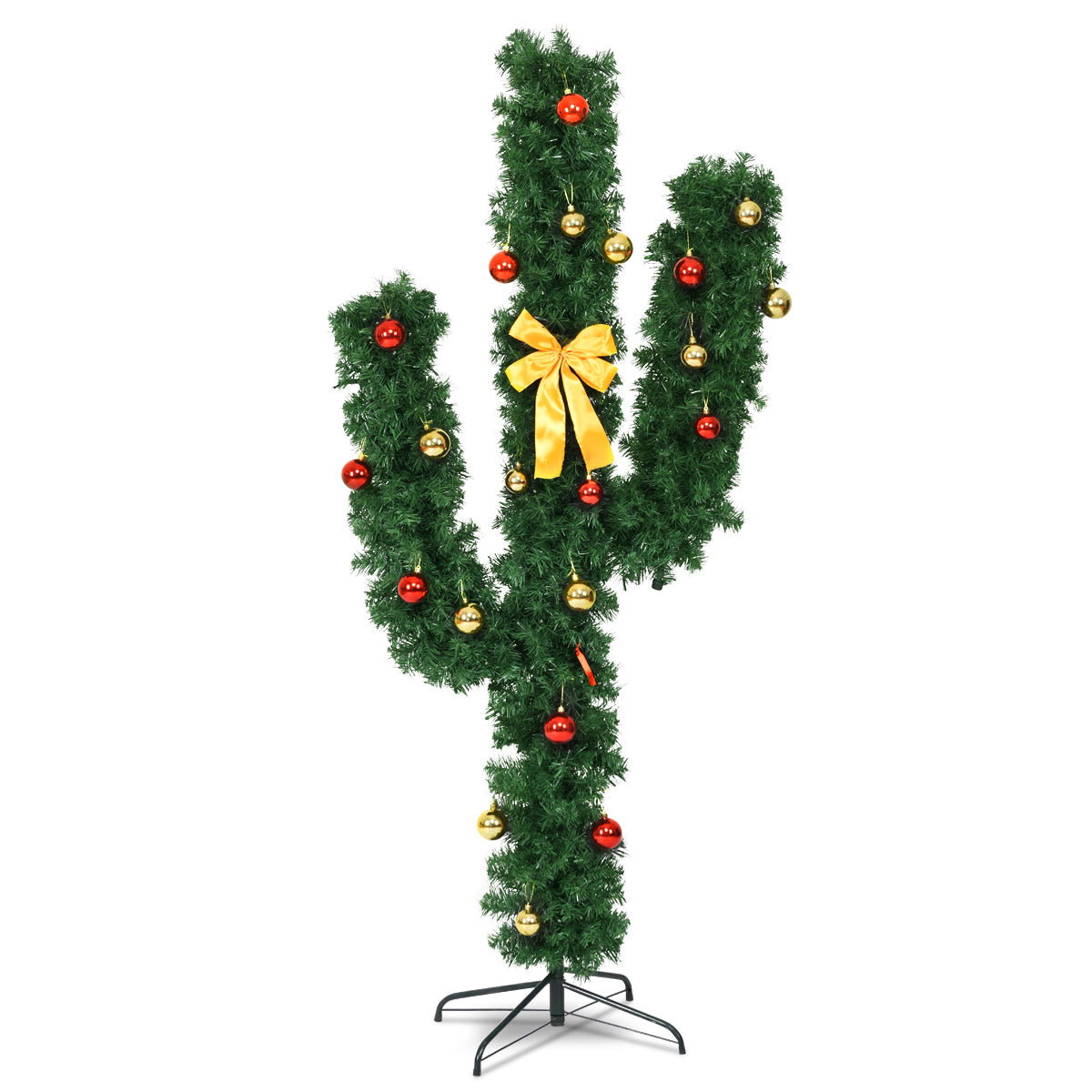 6 Feet Artificial Cactus PVC Christmas Tree with LED Lights and Ball Ornaments-6 ft