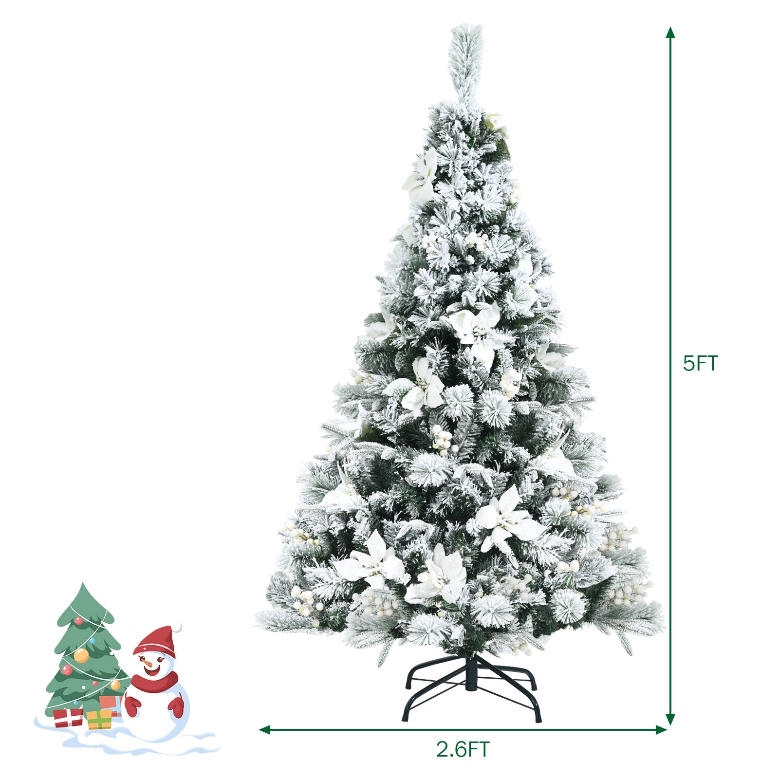 Snow Flocked Christmas Pencil Tree with Berries and Poinsettia Flowers-5'