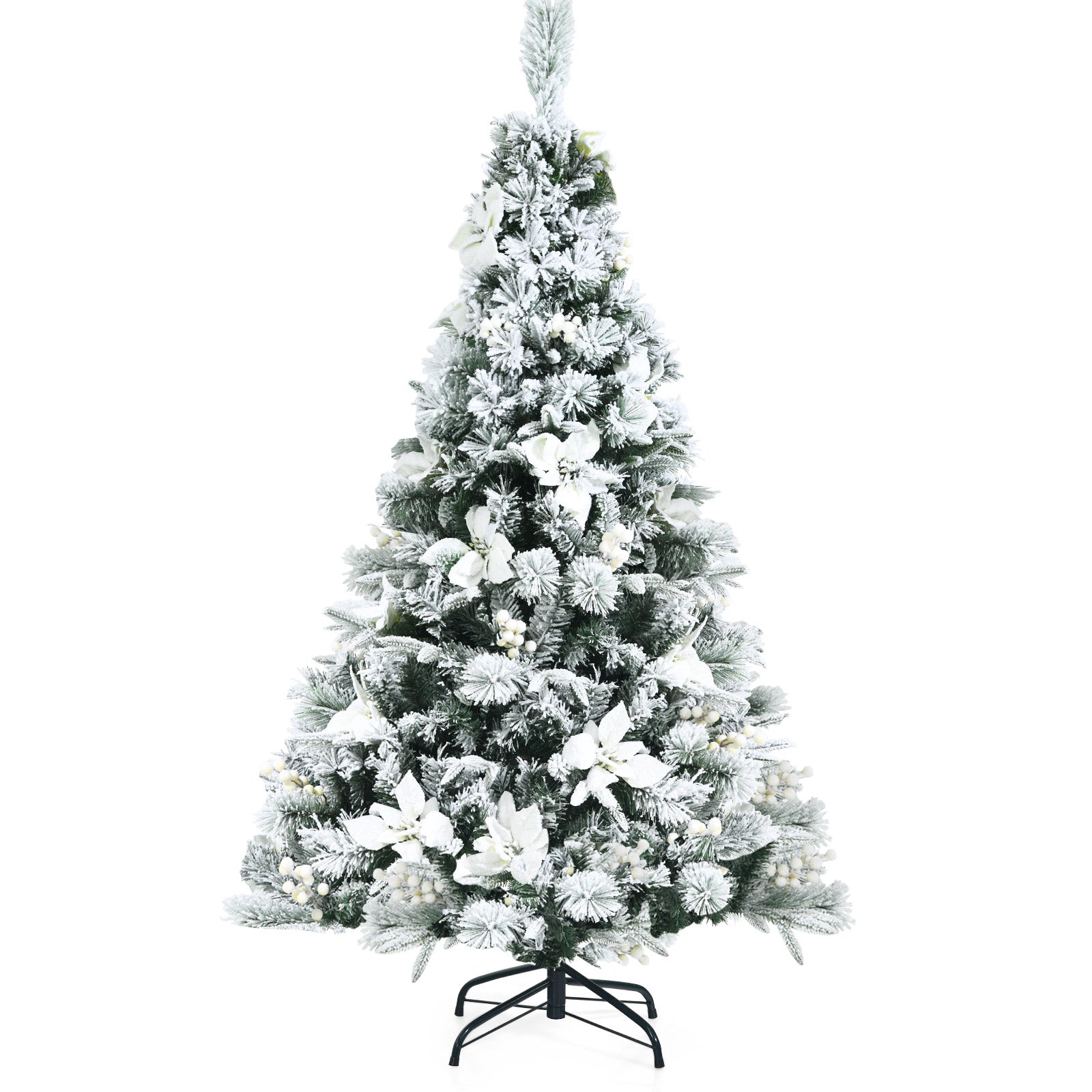 Snow Flocked Christmas Pencil Tree with Berries and Poinsettia Flowers-5'