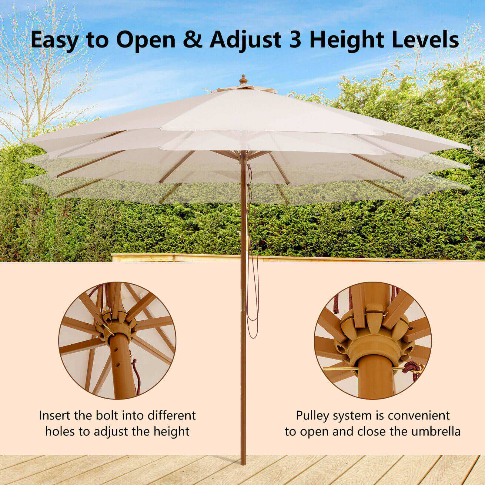 Adjustable 10 Feet Wooden Outdoor Umbrella Sunshade-BeigeÂ 