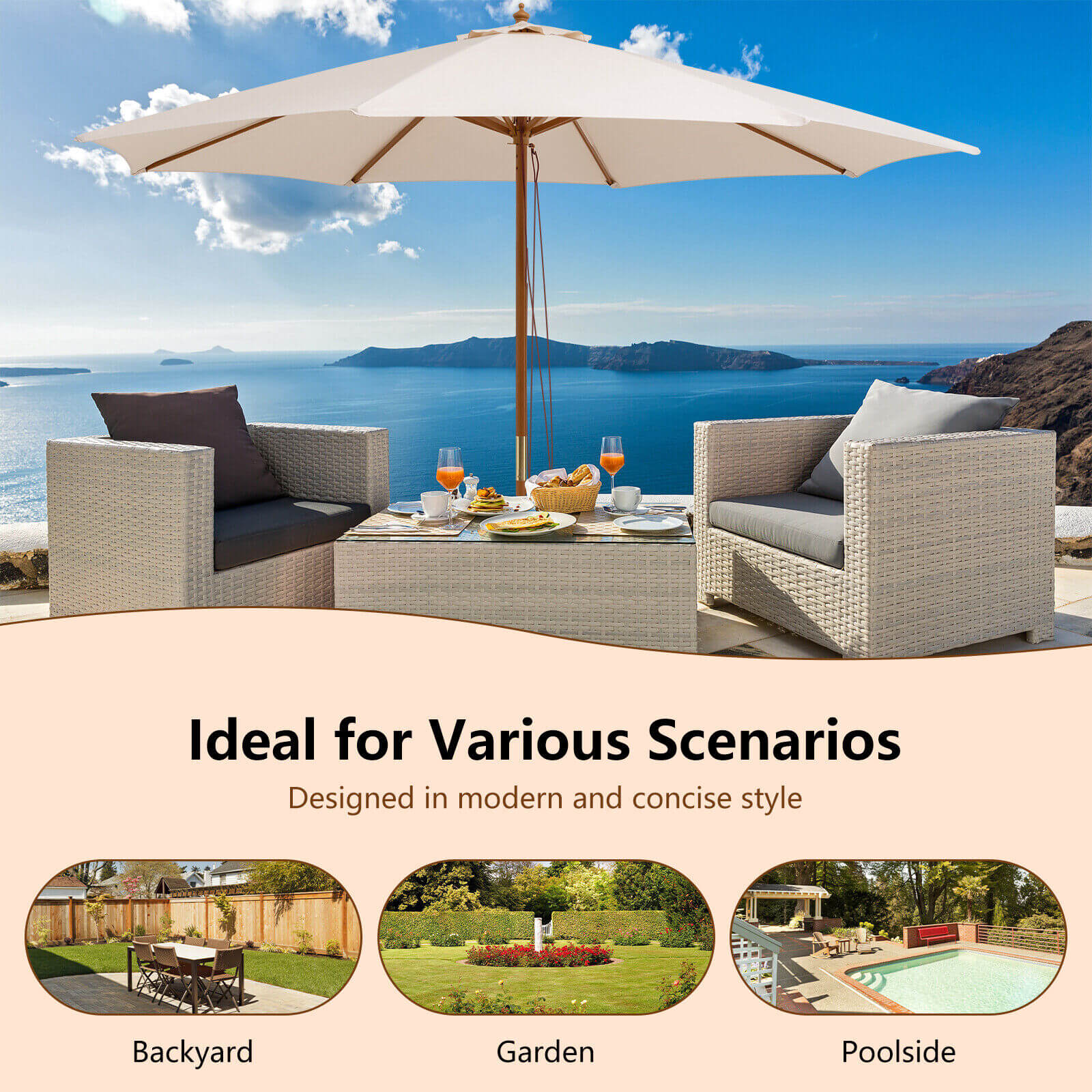 Adjustable 10 Feet Wooden Outdoor Umbrella Sunshade-BeigeÂ 