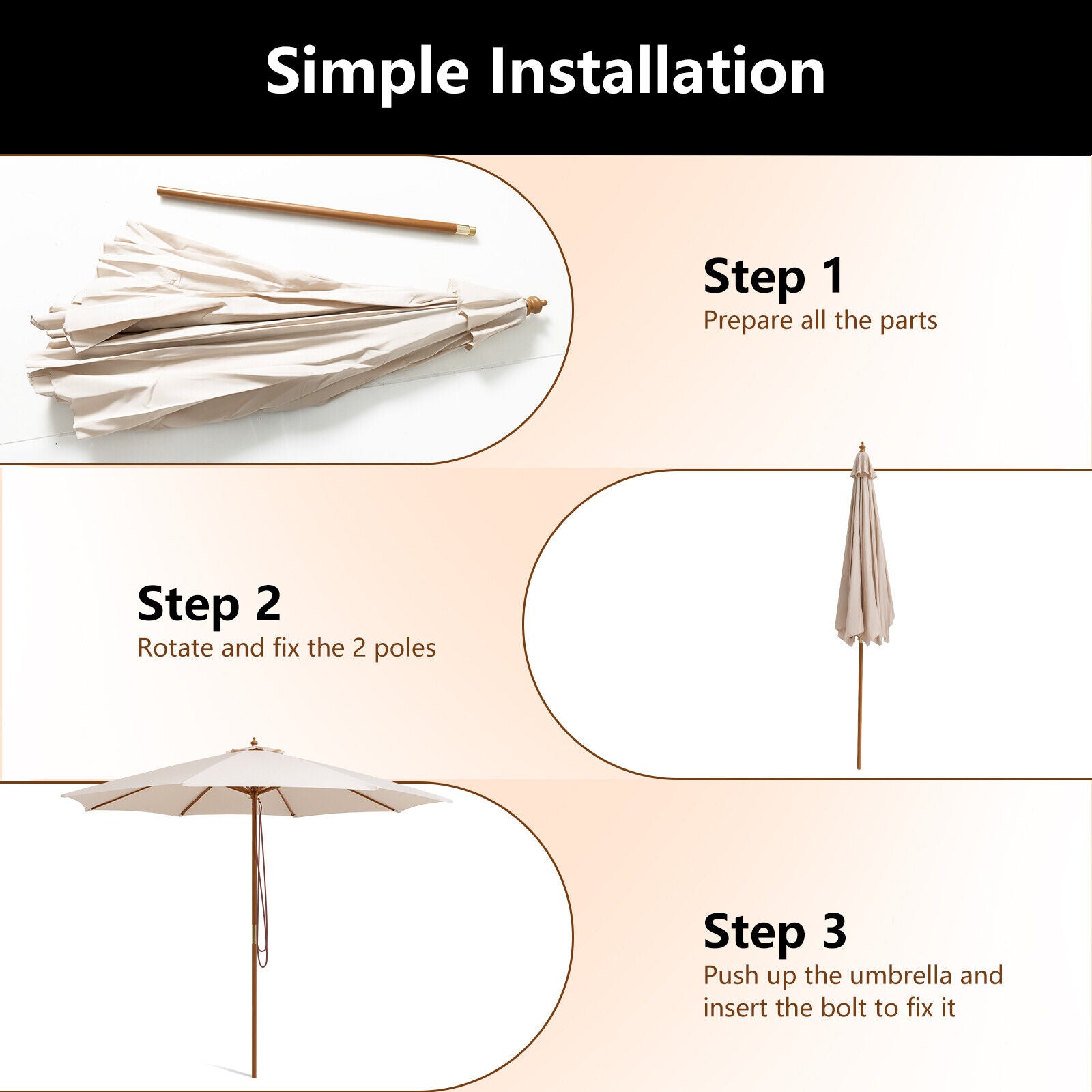 Adjustable 10 Feet Wooden Outdoor Umbrella Sunshade-BeigeÂ 