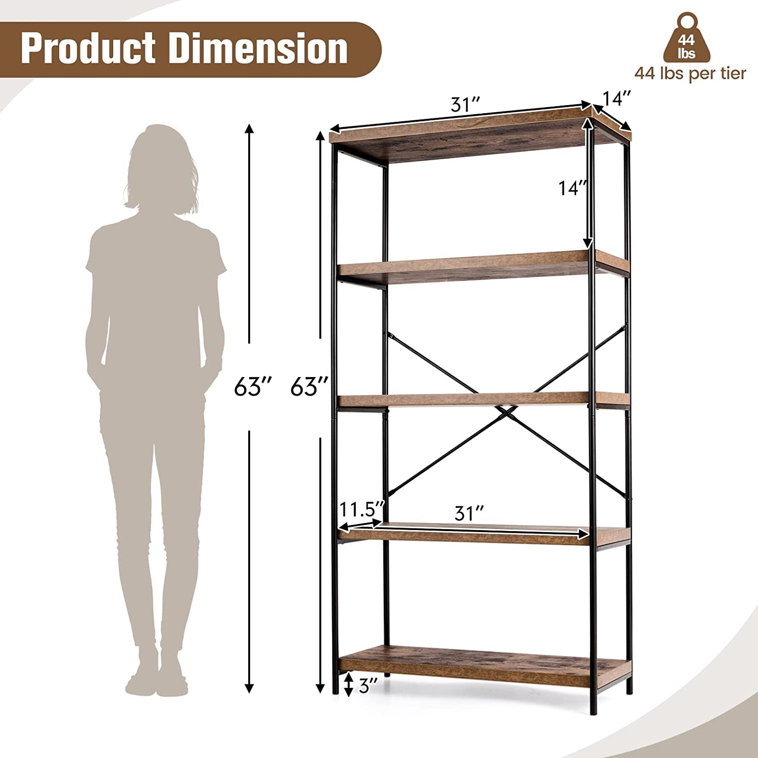 Multipurpose Open Bookcase Industrial Rack Wide Standing Storage Shelf-Brown