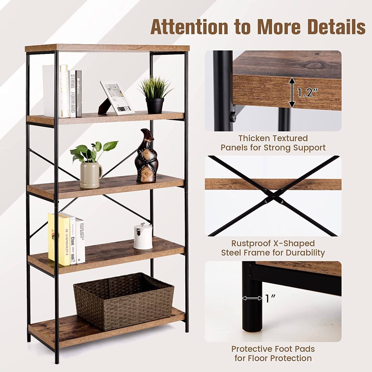 Multipurpose Open Bookcase Industrial Rack Wide Standing Storage Shelf-Brown