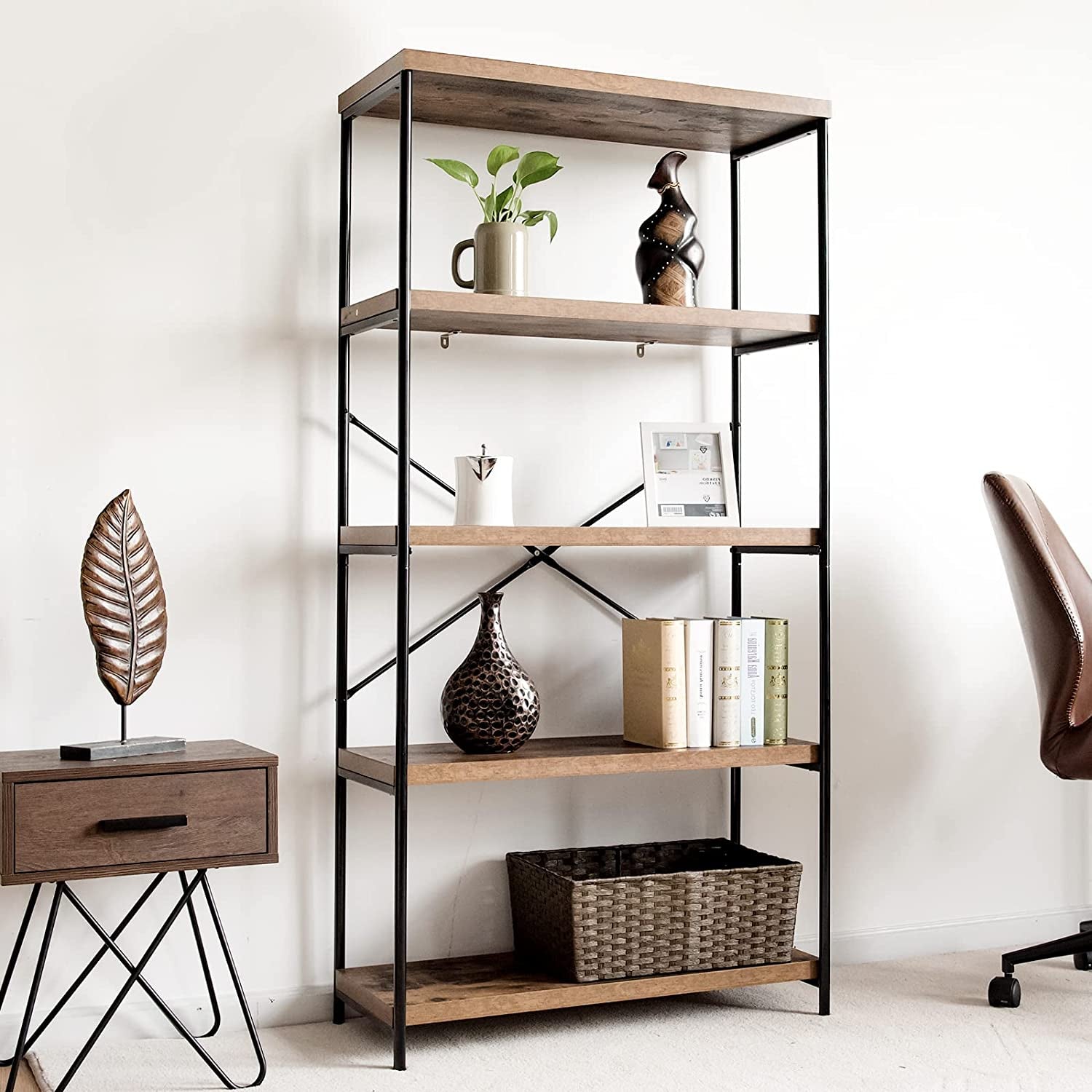 Multipurpose Open Bookcase Industrial Rack Wide Standing Storage Shelf-Brown