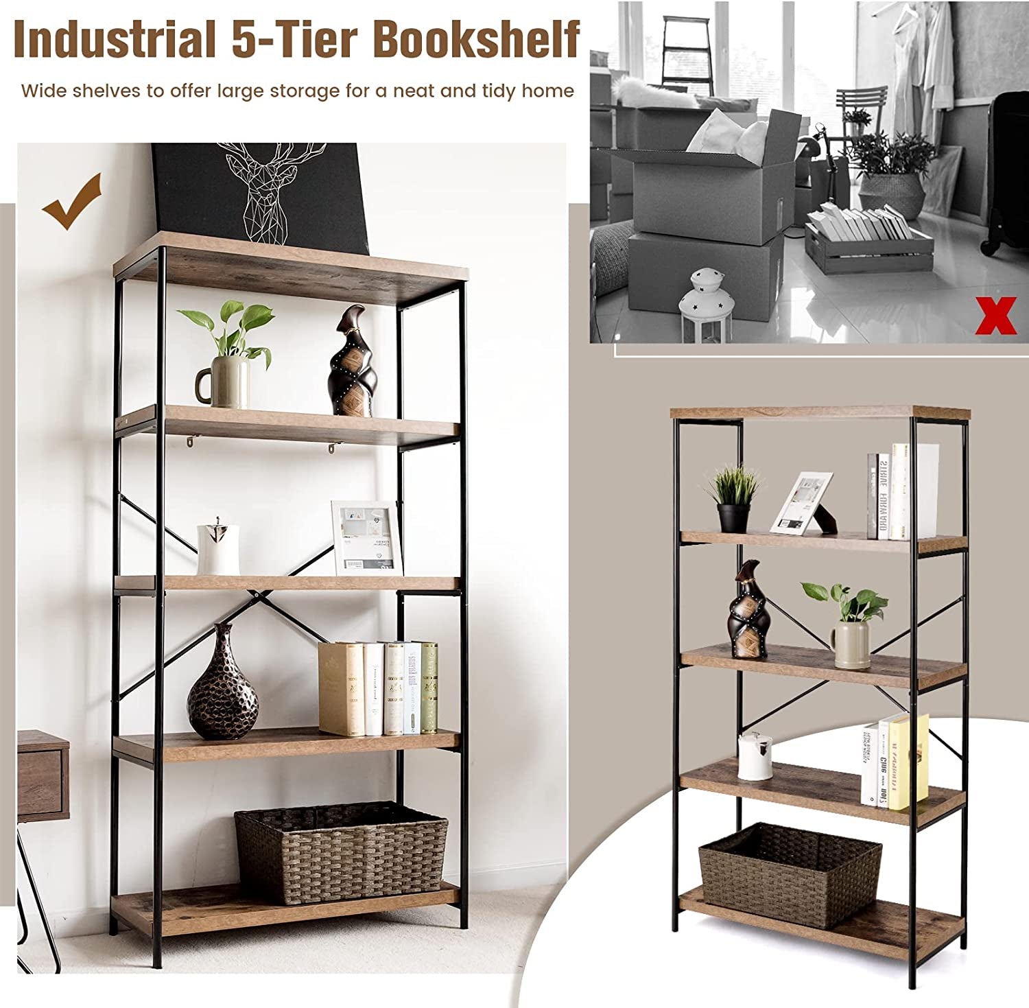 Multipurpose Open Bookcase Industrial Rack Wide Standing Storage Shelf-Brown