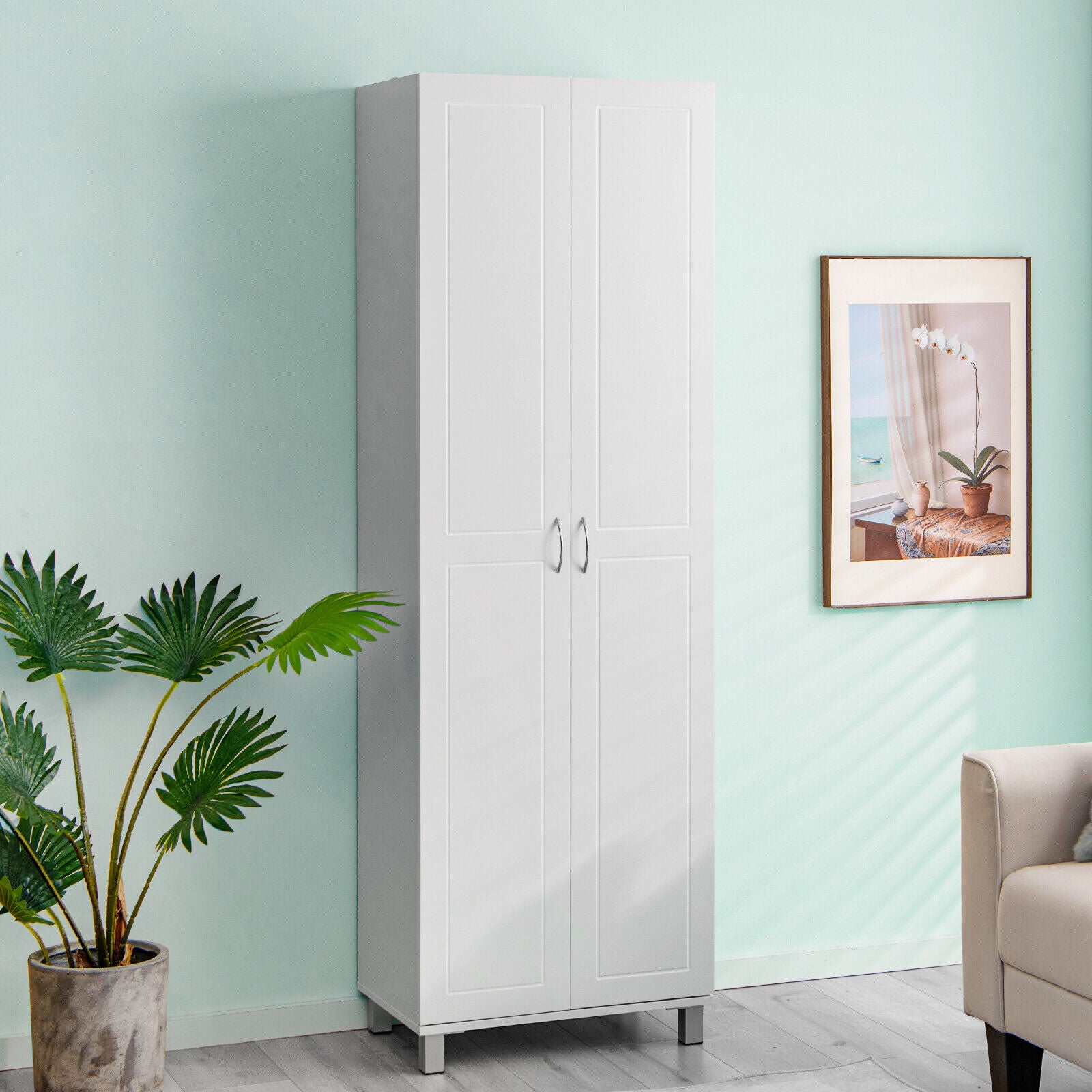 73.5 Inch Freestanding Double Door Tall Versatile Storage Organizer-White 