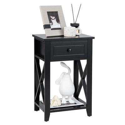 Storage End Bedside Drawer Nightstand w/ Bottom Shelf-BlackÂ 
