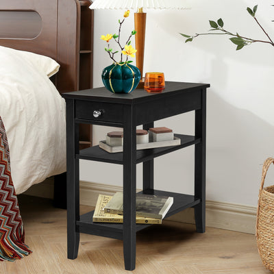 Side End Table with Drawer and 2-Tier Open Storage Shelves for Space Saving-BlackÂ 
