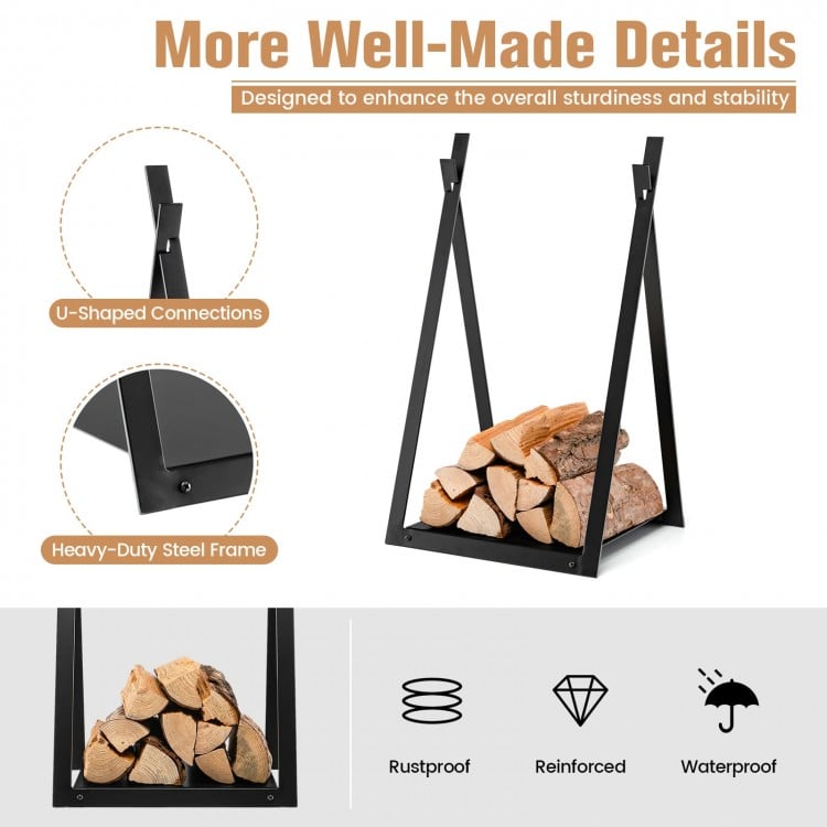 Triangle Firewood Rack with Raised Base for Fireplace Fire Pit-Black
