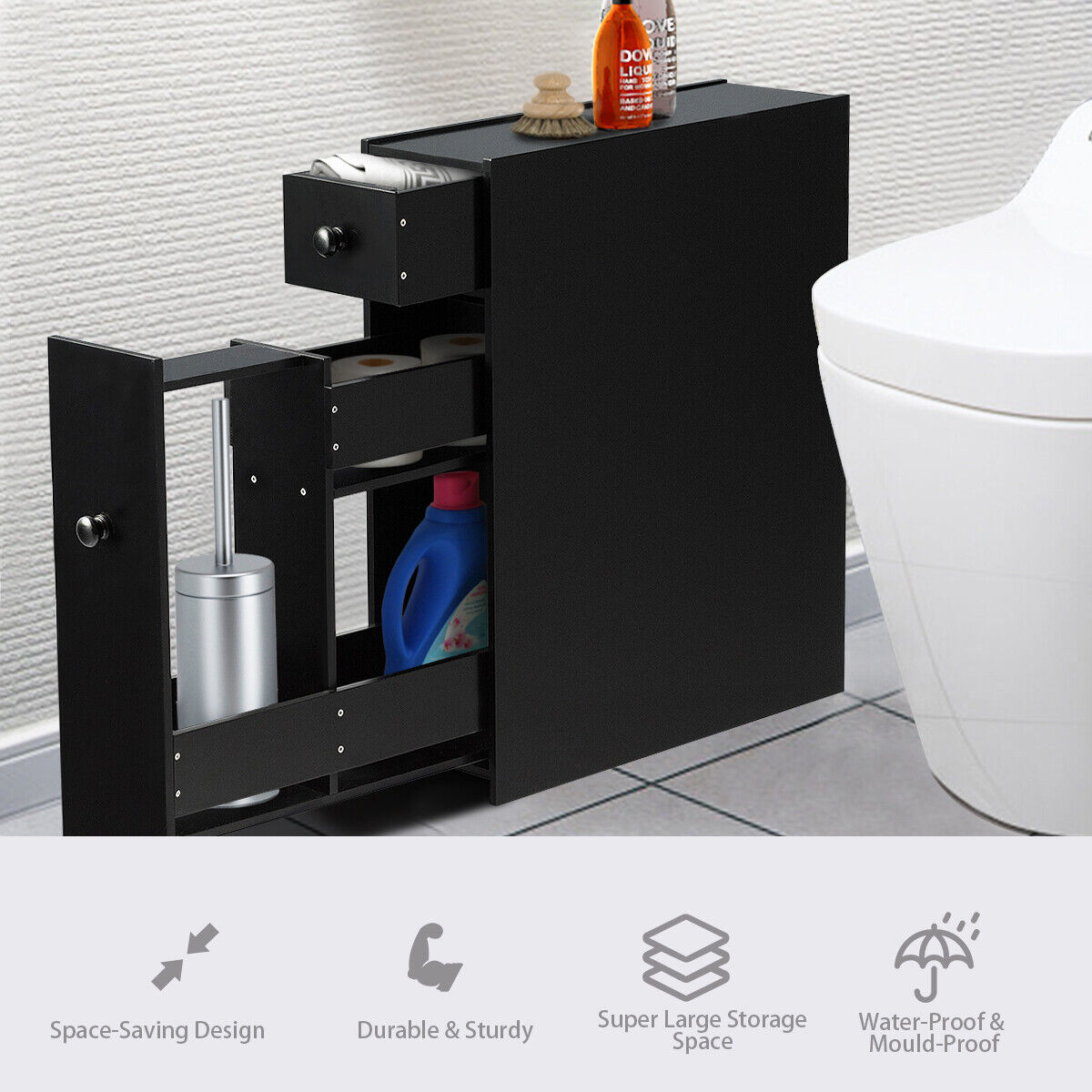 Black Bathroom Cabinet Space Saver Storage Organizer-Black