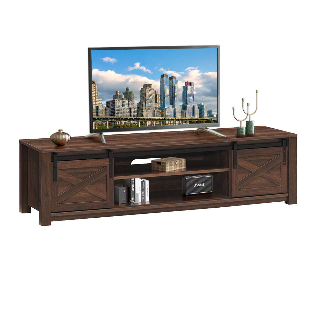 65" Flat Sliding Barn Door TV Stand-Brown