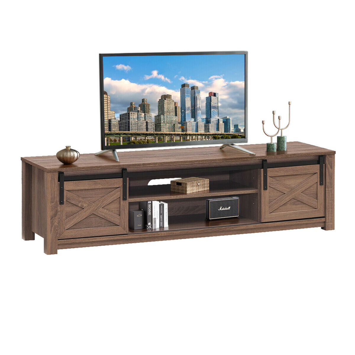 65" Flat Sliding Barn Door TV Stand-Walnut