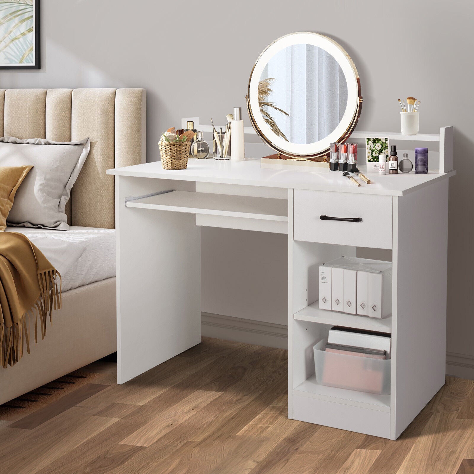 Study Laptop Table with Drawer and Keyboard Tray-White 