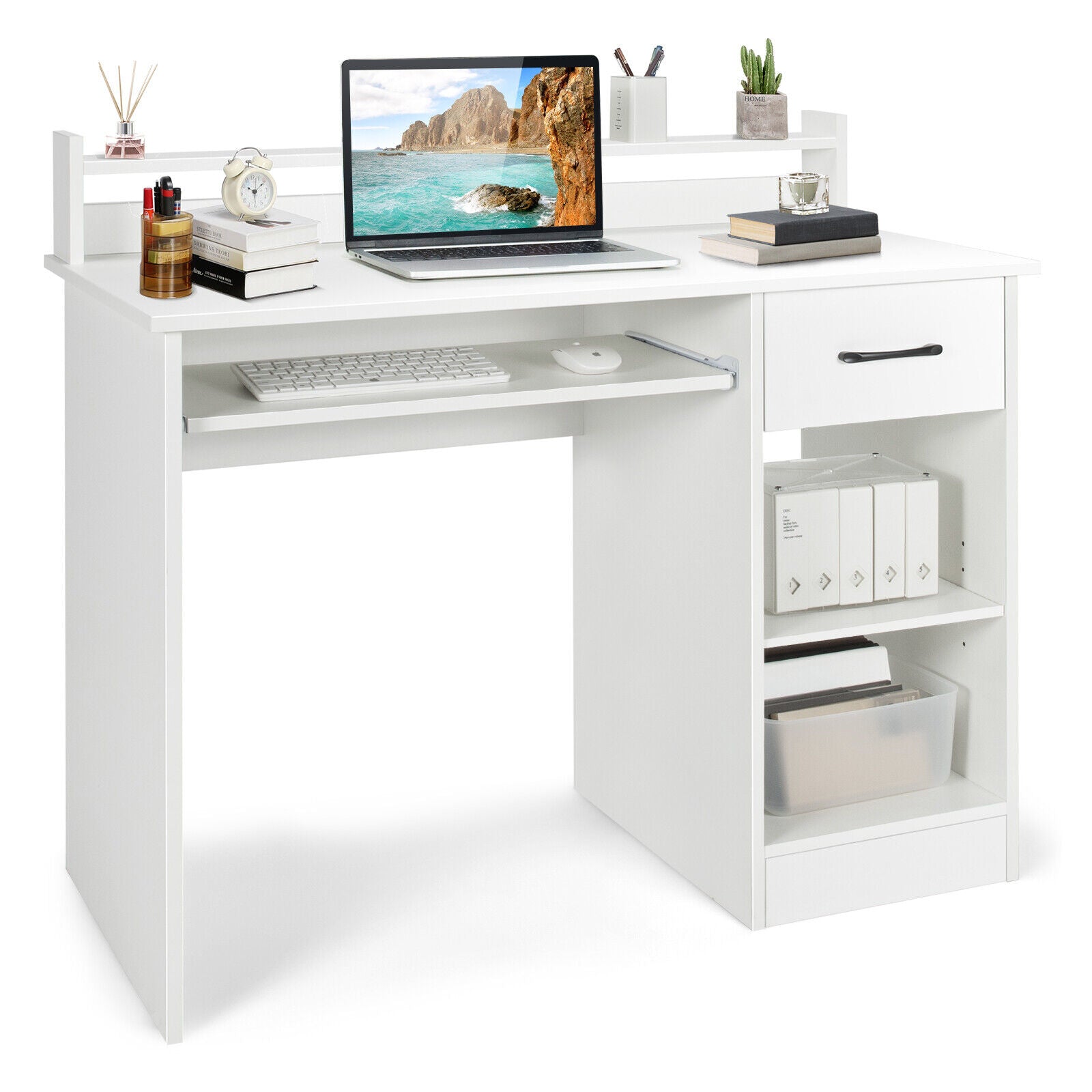 Study Laptop Table with Drawer and Keyboard Tray-White 