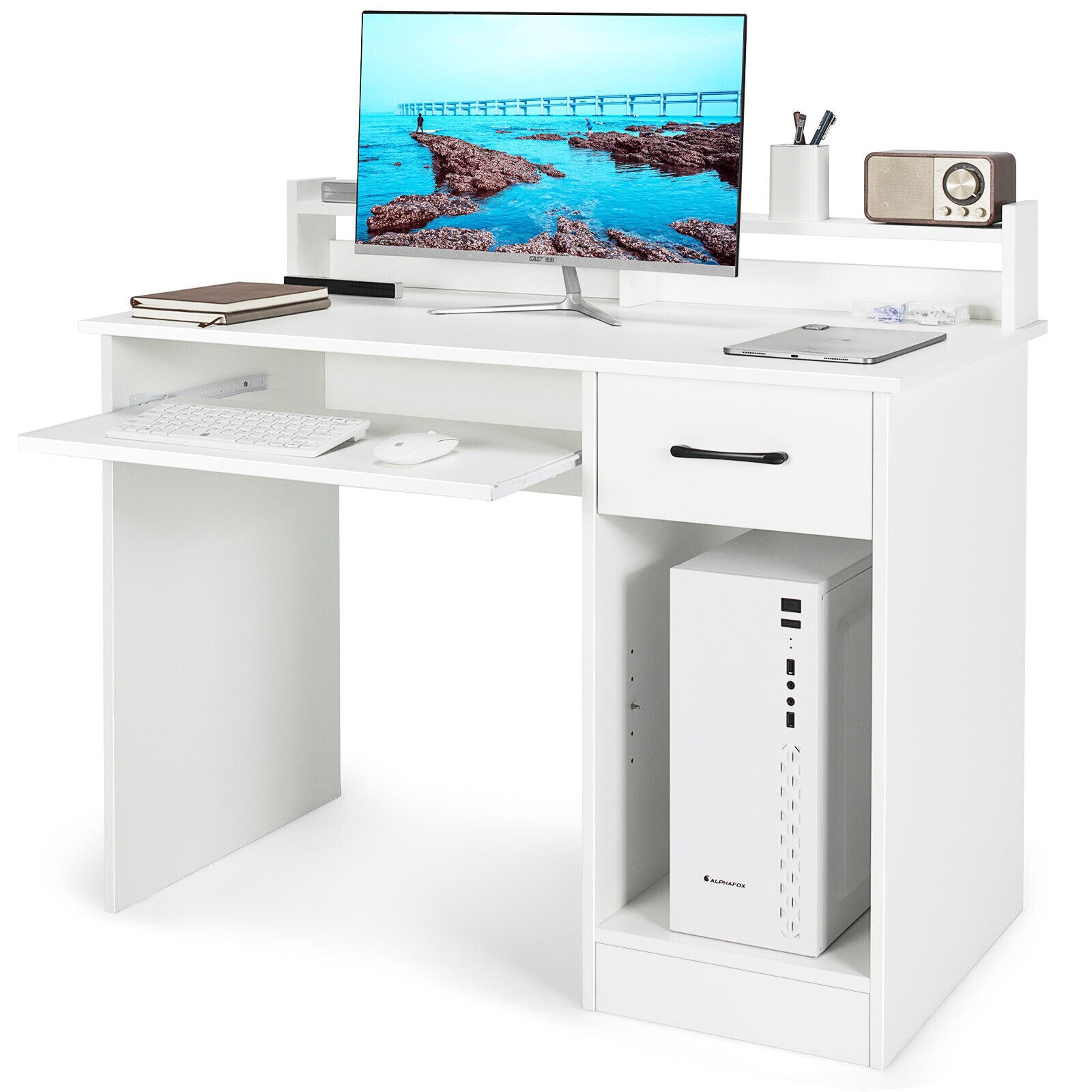Study Laptop Table with Drawer and Keyboard Tray-White 
