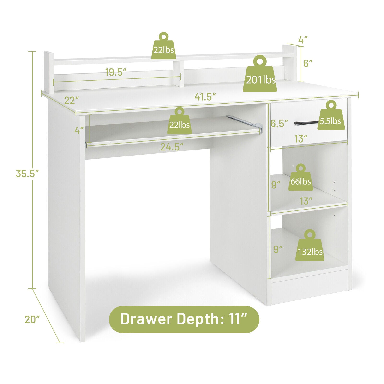 Study Laptop Table with Drawer and Keyboard Tray-White 
