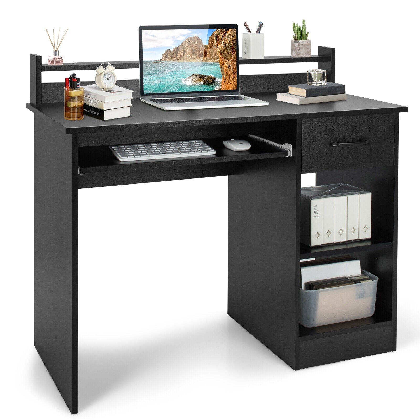 Study Laptop Table with Drawer and Keyboard Tray-Black 