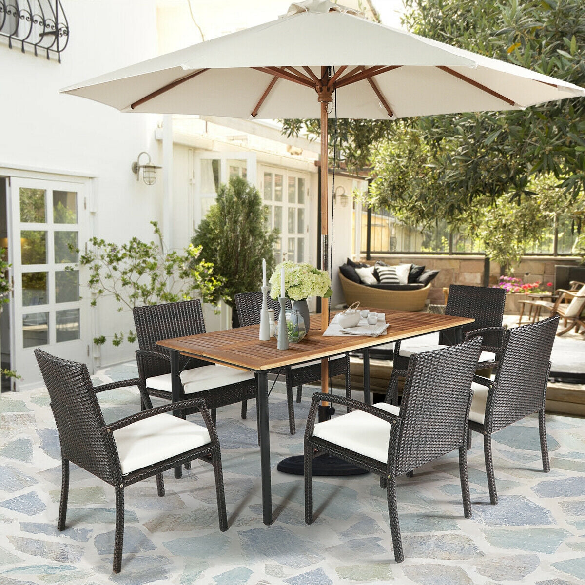 7Pcs Patio Rattan Cushioned Dining Set with Umbrella Hole-Warm White