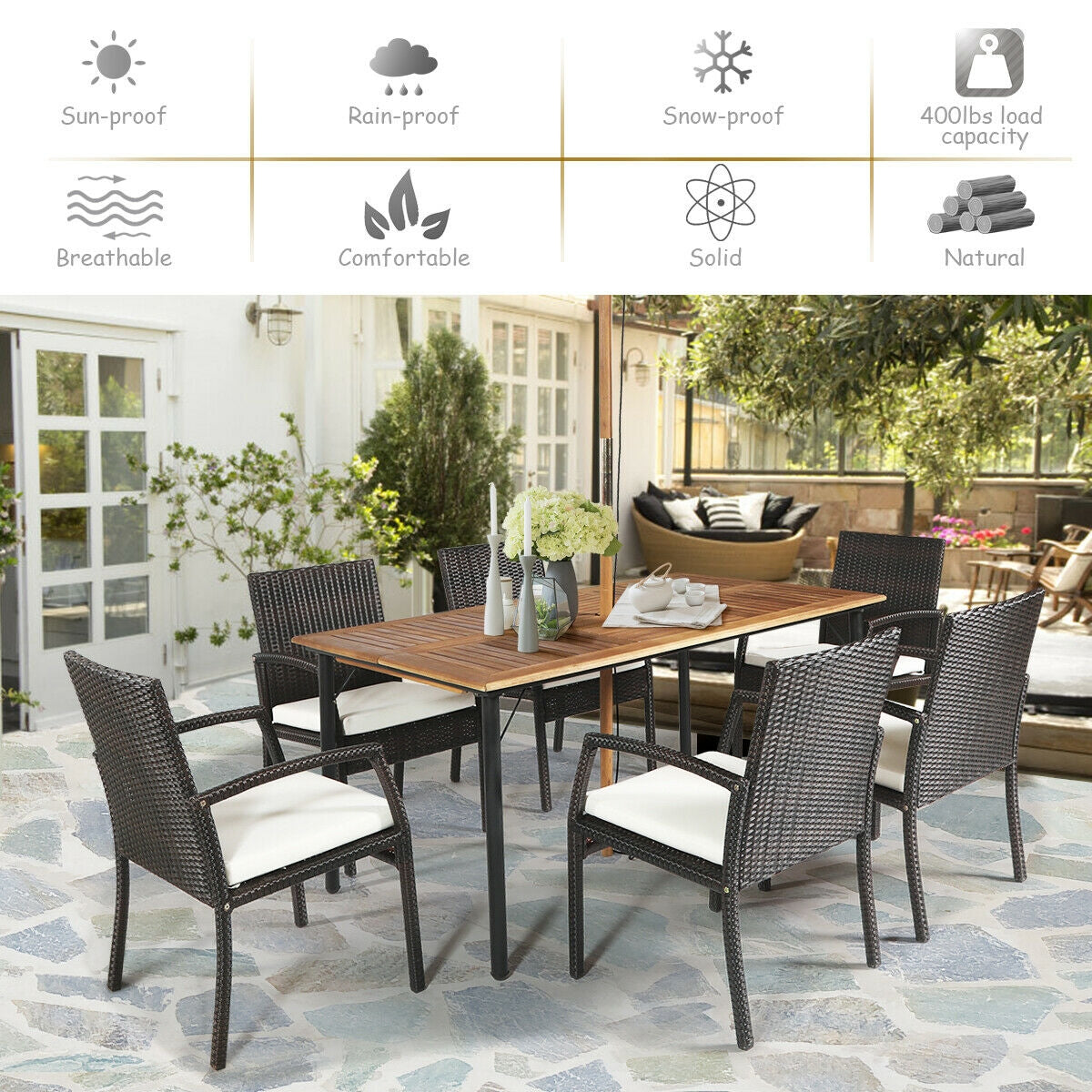 7Pcs Patio Rattan Cushioned Dining Set with Umbrella Hole-Warm White